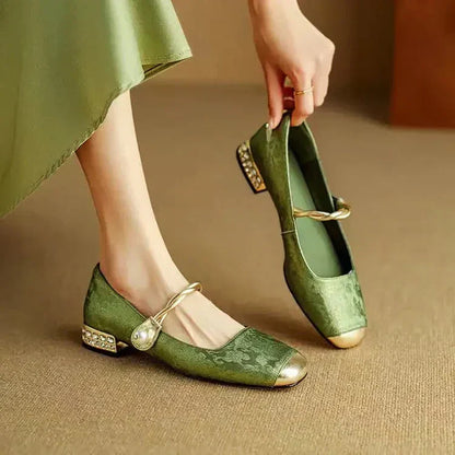 Alicia | Women's Pearl Strap Mary Jane Shoes Glitter Block Heel