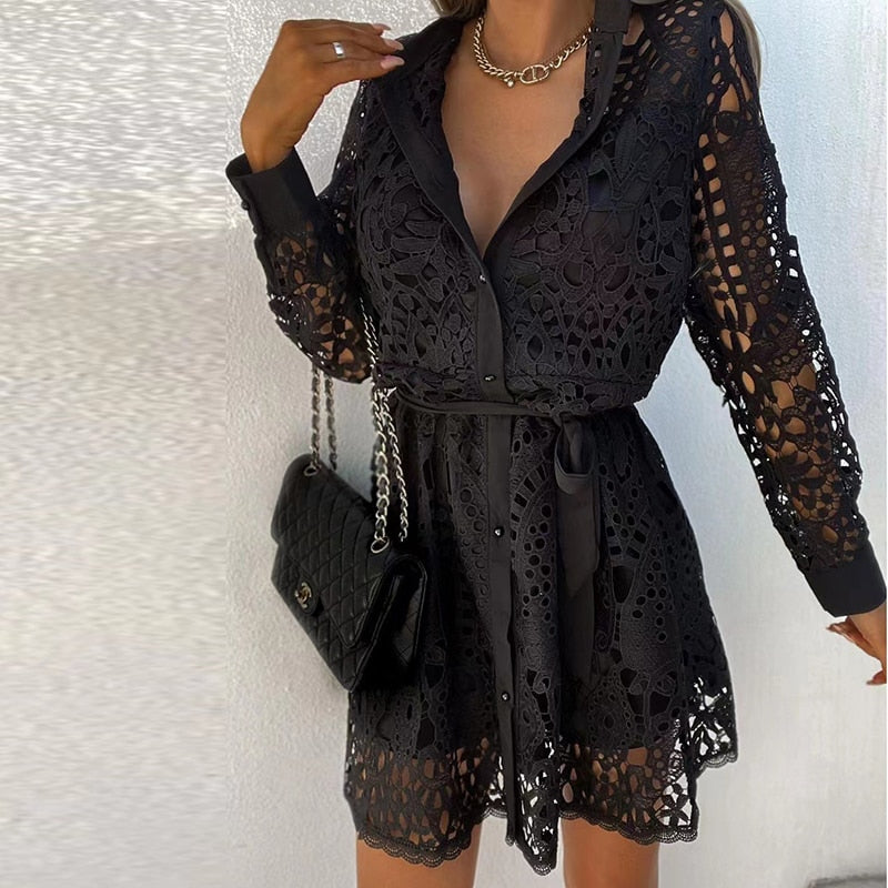 Raelynn | Women's Lace Short Dress Full Sleeve V-Neck Belted