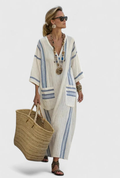 Remi | Women's V-Neck Kaftan Maxi Dress with Stripe Detail