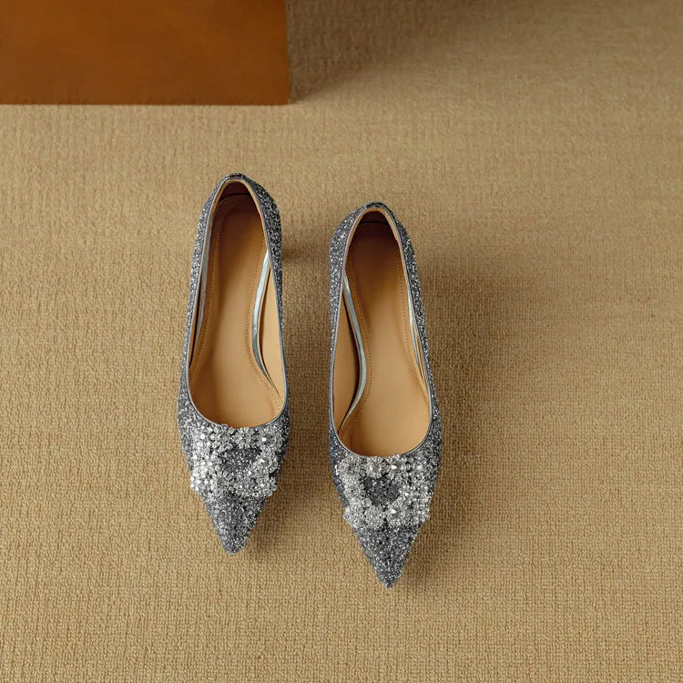 Carmen | Women's Glitter Block Heel Pumps Pointed Toe Crystal Buckle