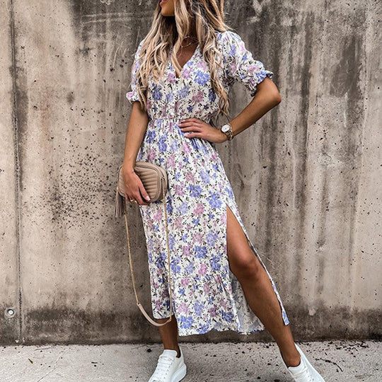 Mia | Women's Floral Mid-Length Dress V-Neck Smocked Waist Side Split