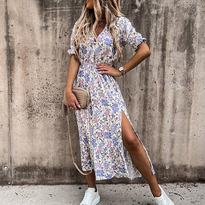 Mia | Women's Floral Mid-Length Dress V-Neck Smocked Waist Side Split