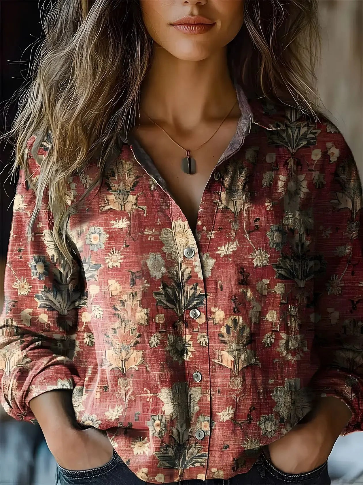 Beverly | Women's Retro Floral Print Long Sleeve Button-Down Shirt