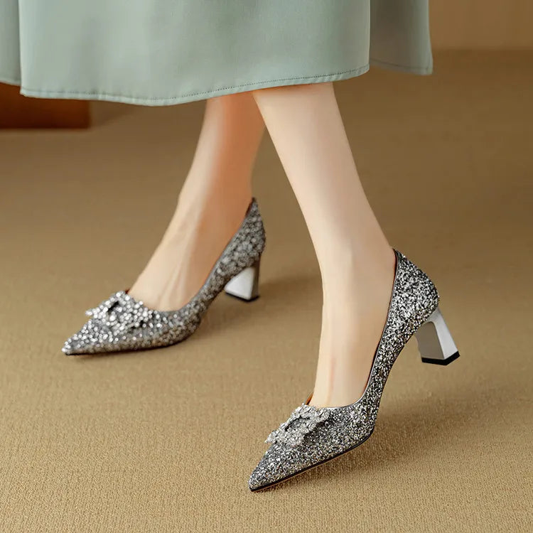 Carmen | Women's Glitter Block Heel Pumps Pointed Toe Crystal Buckle