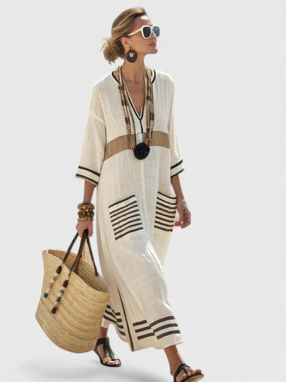 Remi | Women's V-Neck Kaftan Maxi Dress with Stripe Detail