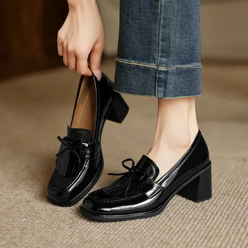 Daniela | Women's Tassel Loafer Pumps Block Heel Round Toe Heels