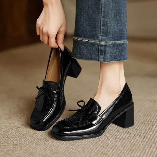 Daniela | Women's Tassel Loafer Pumps Block Heel Round Toe Heels