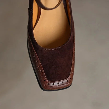 Ellie | Women's Square Toe Block Heel Pumps Ankle Strap Brogue