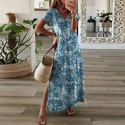 Hannah | Women's Bohemian Print Maxi Dress V-Neck Short-Sleeved Split