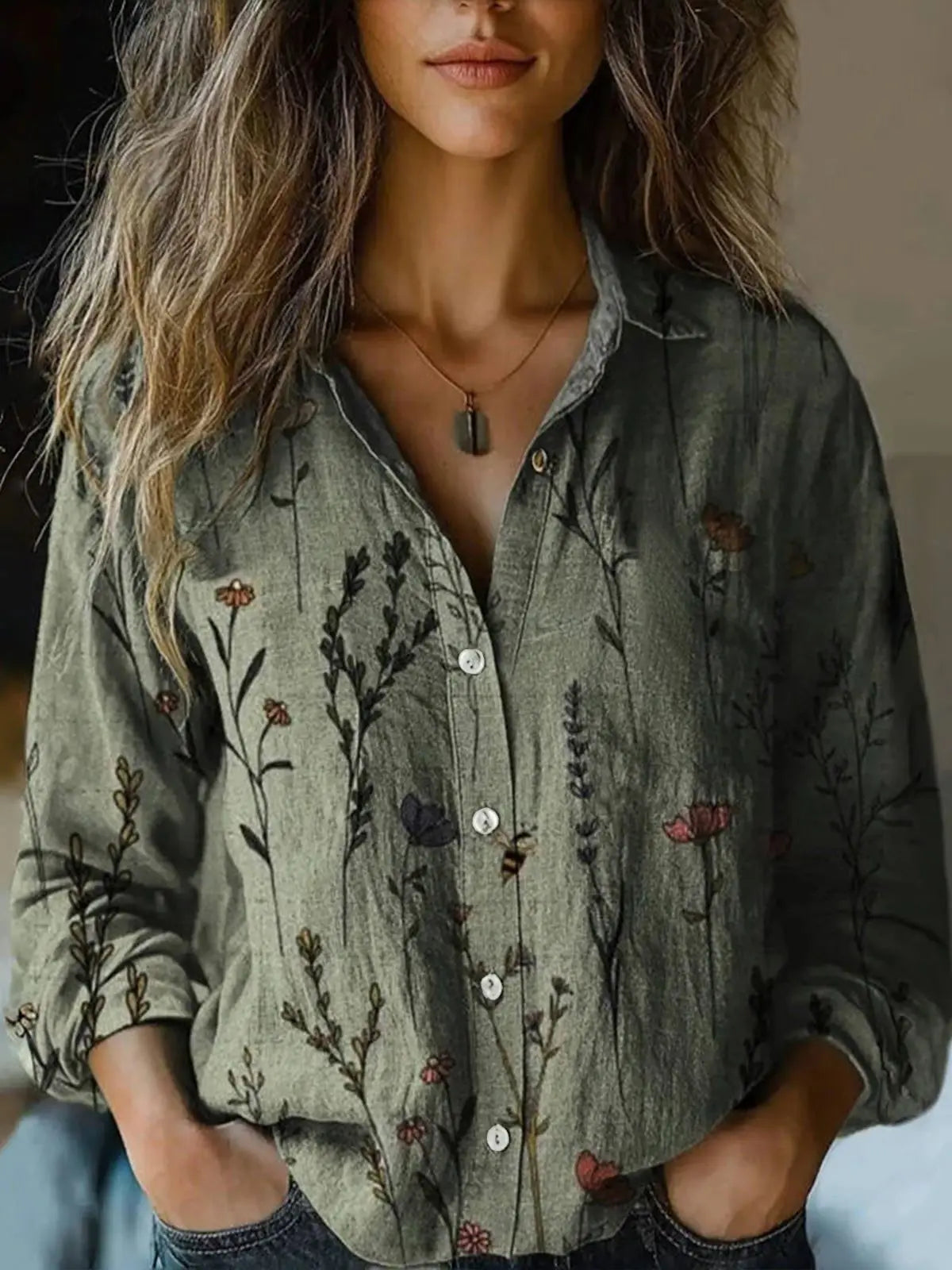 Beverly | Women's Retro Floral Print Long Sleeve Button-Down Shirt
