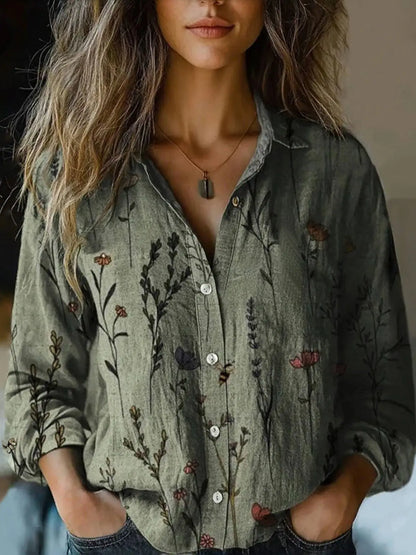 Beverly | Women's Retro Floral Print Long Sleeve Button-Down Shirt