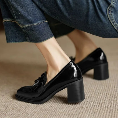 Daniela | Women's Tassel Loafer Pumps Block Heel Round Toe Heels