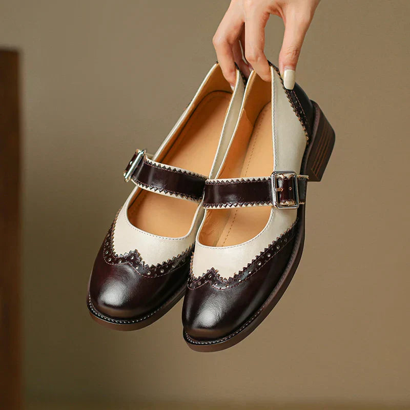 Andrea | Women's Two-Tone Leather Mary Jane Shoes Brogue T-Strap