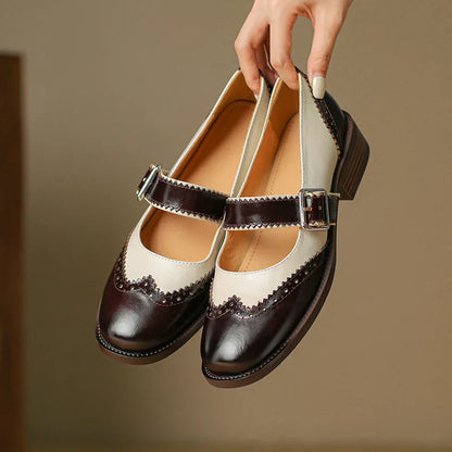 Andrea | Women's Two-Tone Leather Mary Jane Shoes Brogue T-Strap