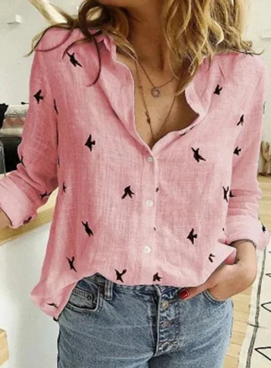 Brianna | Women's Button-Down Shirt Long Sleeve Bird Print Blouse