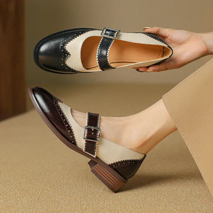 Andrea | Women's Two-Tone Leather Mary Jane Shoes Brogue T-Strap