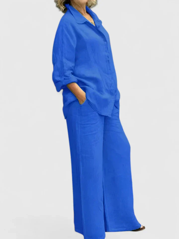 Pamela | Women's Button-Down Shirt Set Wide Leg Pants Two-Piece