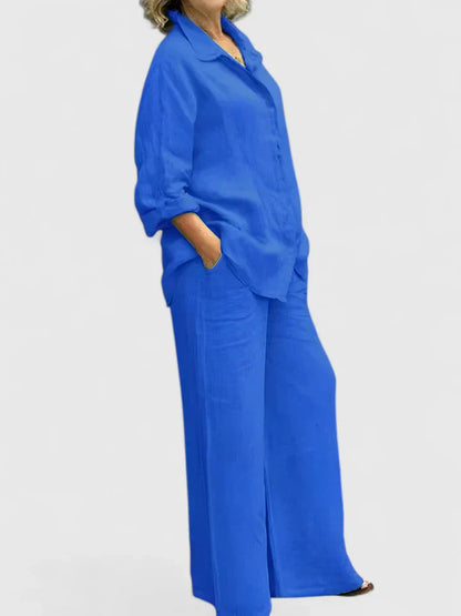 Pamela | Women's Button-Down Shirt Set Wide Leg Pants Two-Piece