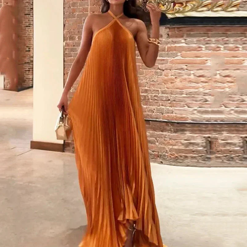 Skylar | Women's Wedding Guest Pleated Halter Maxi Dress Evening