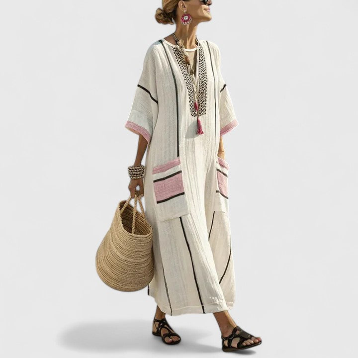 Luna | Women's V-Neck Striped Linen Maxi Dress with Pockets