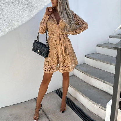 Raelynn | Women's Lace Short Dress Full Sleeve V-Neck Belted
