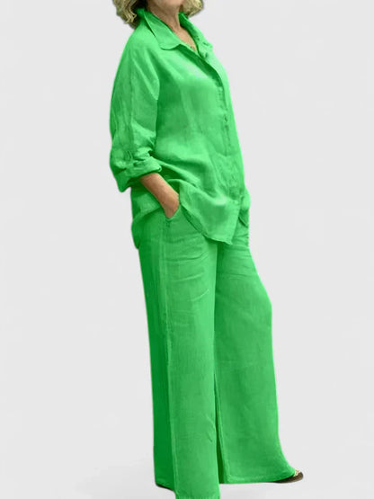 Pamela | Women's Button-Down Shirt Set Wide Leg Pants Two-Piece