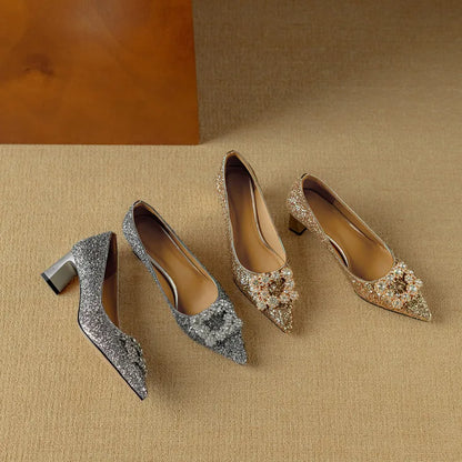 Carmen | Women's Glitter Block Heel Pumps Pointed Toe Crystal Buckle