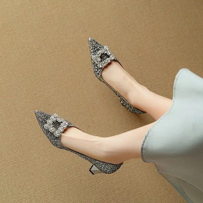 Carmen | Women's Glitter Block Heel Pumps Pointed Toe Crystal Buckle