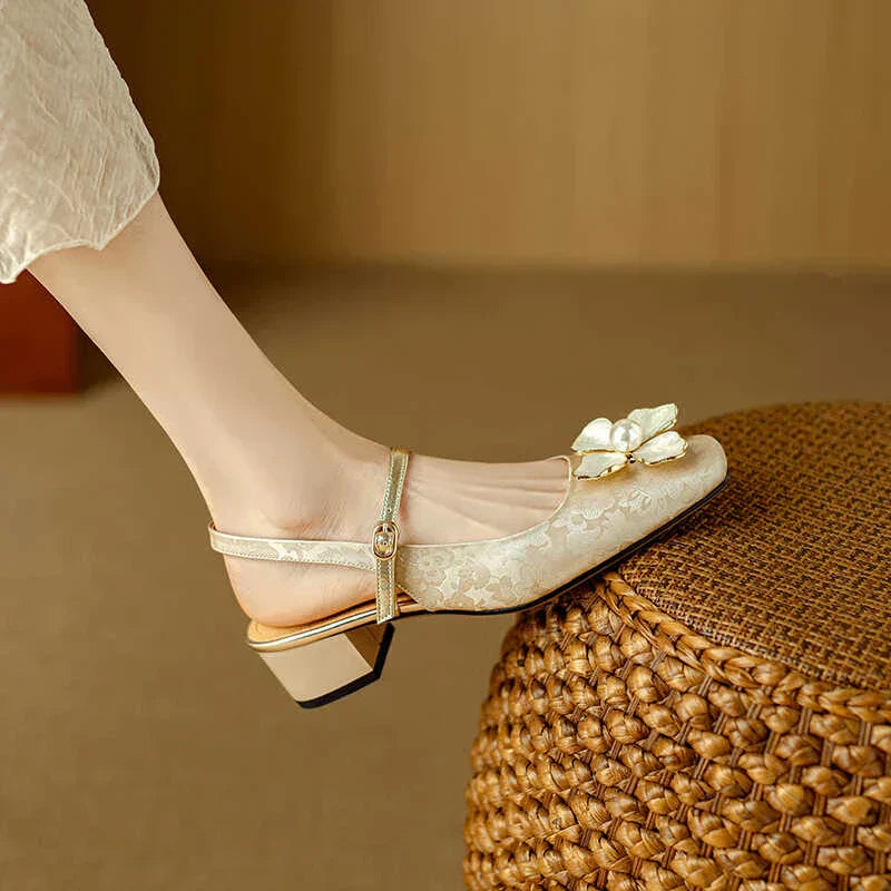 Chelsea | Women's Botanical Slingback Pumps Square Toe Block Heel Shoes