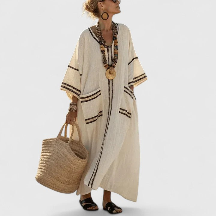 Luna | Women's V-Neck Striped Linen Maxi Dress with Pockets