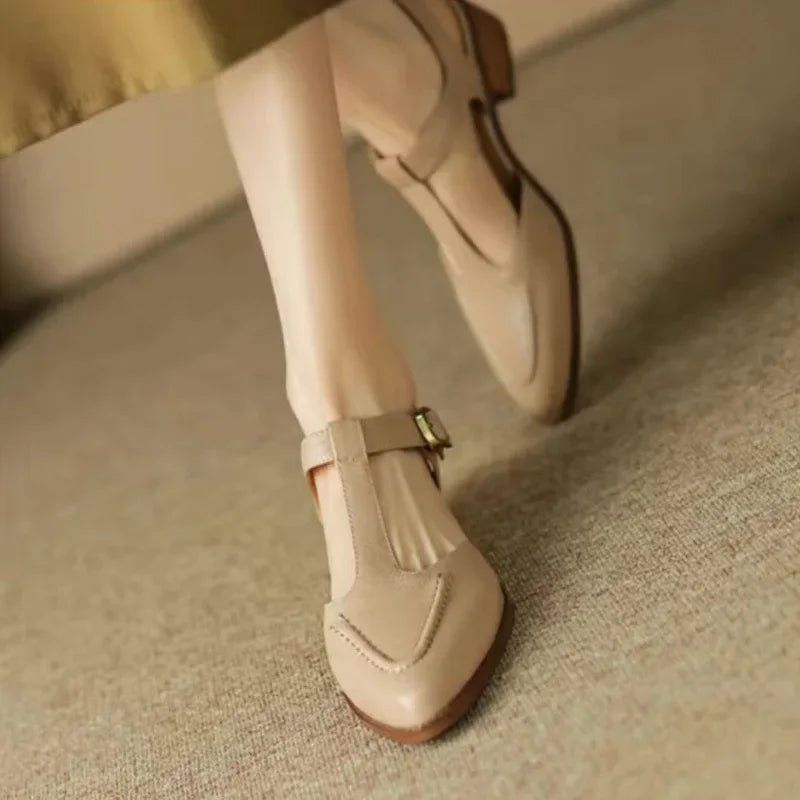 Stephanie | Women's T-Strap Buckle Shoes Pointed Toe Low Heel Flats