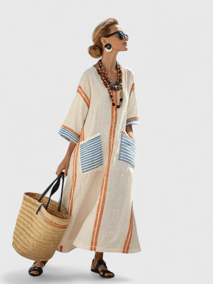 Remi | Women's V-Neck Kaftan Maxi Dress with Stripe Detail