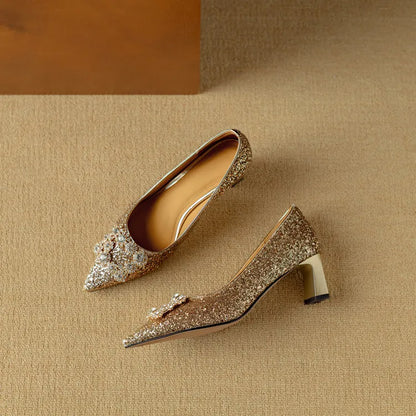 Carmen | Women's Glitter Block Heel Pumps Pointed Toe Crystal Buckle