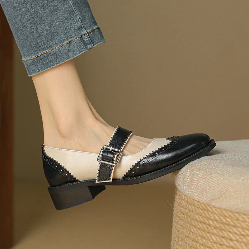 Andrea | Women's Two-Tone Leather Mary Jane Shoes Brogue T-Strap