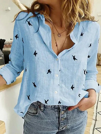 Brianna | Women's Button-Down Shirt Long Sleeve Bird Print Blouse