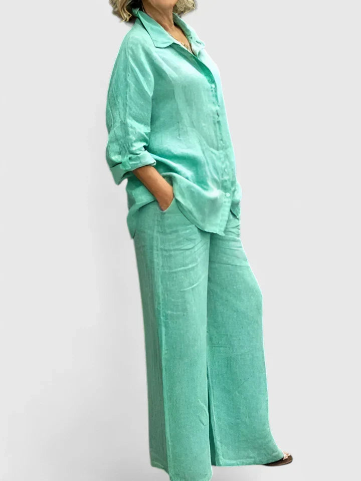 Pamela | Women's Button-Down Shirt Set Wide Leg Pants Two-Piece