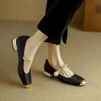 Alicia | Women's Pearl Strap Mary Jane Shoes Glitter Block Heel