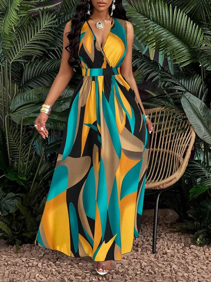 Melissa | Women's V-Neck No-Sleeve Abstract Print Maxi Dress