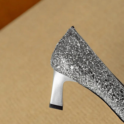 Carmen | Women's Glitter Block Heel Pumps Pointed Toe Crystal Buckle