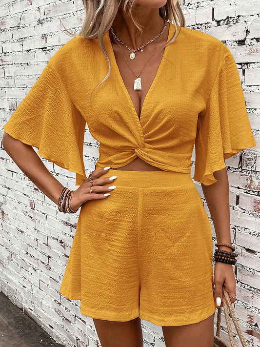 Eliza | Women's Two Piece Set Twist Crop Top Flutter Sleeve Shorts