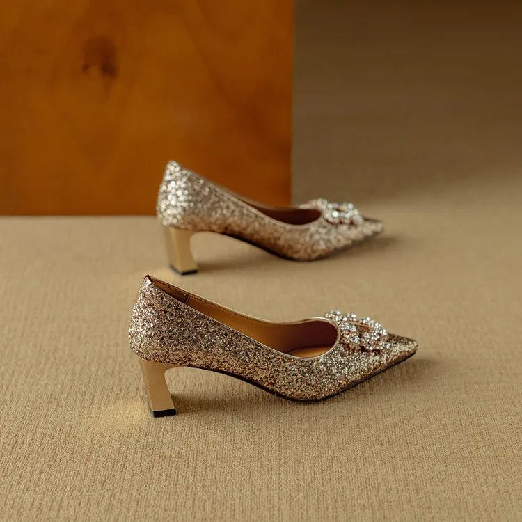Carmen | Women's Glitter Block Heel Pumps Pointed Toe Crystal Buckle
