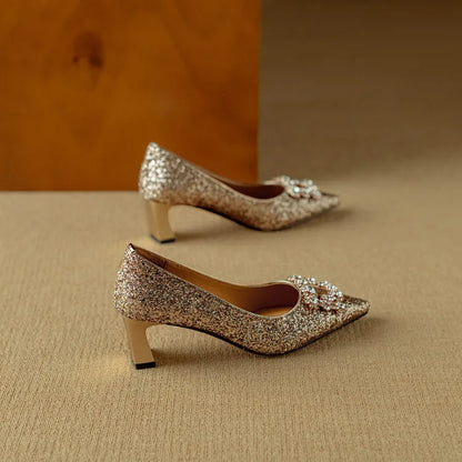 Carmen | Women's Glitter Block Heel Pumps Pointed Toe Crystal Buckle