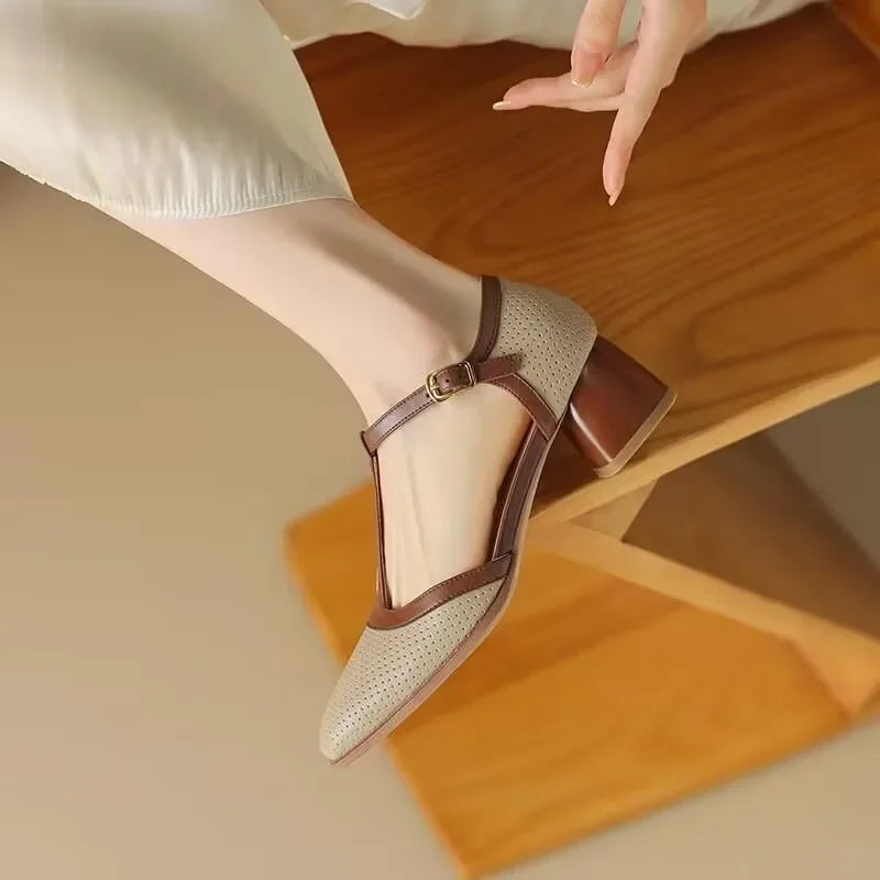 Trinity | Women's T-Strap Block Heel Shoes Square Toe Mid Heel Pumps