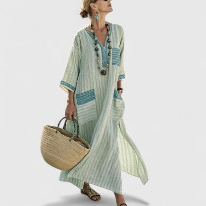 Luna | Women's V-Neck Striped Linen Maxi Dress with Pockets