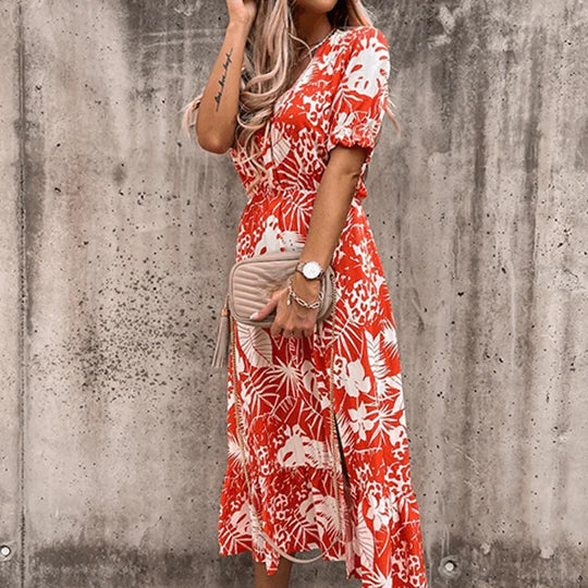 Mia | Women's Floral Mid-Length Dress V-Neck Smocked Waist Side Split