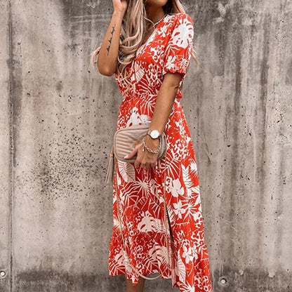 Mia | Women's Floral Mid-Length Dress V-Neck Smocked Waist Side Split