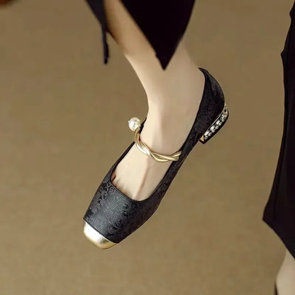Alicia | Women's Pearl Strap Mary Jane Shoes Glitter Block Heel