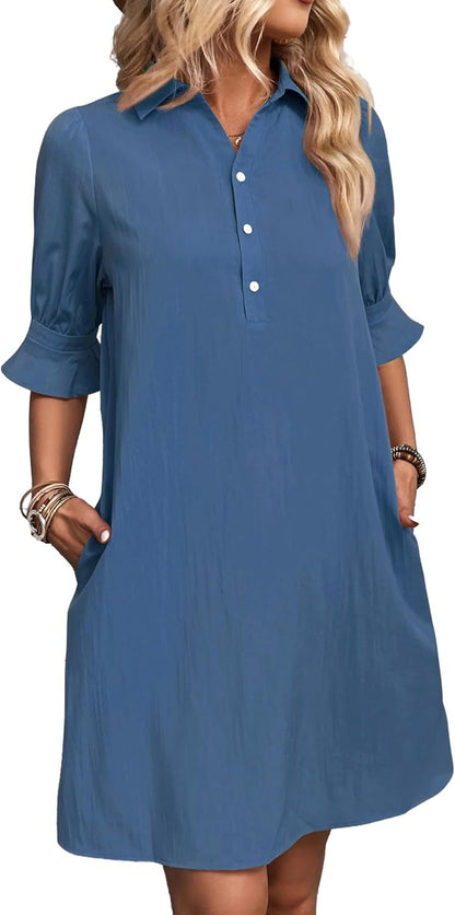 Nevaeh | Women's Button-Through Button-Up Dress Three-Quarter Sleeve Knee Length