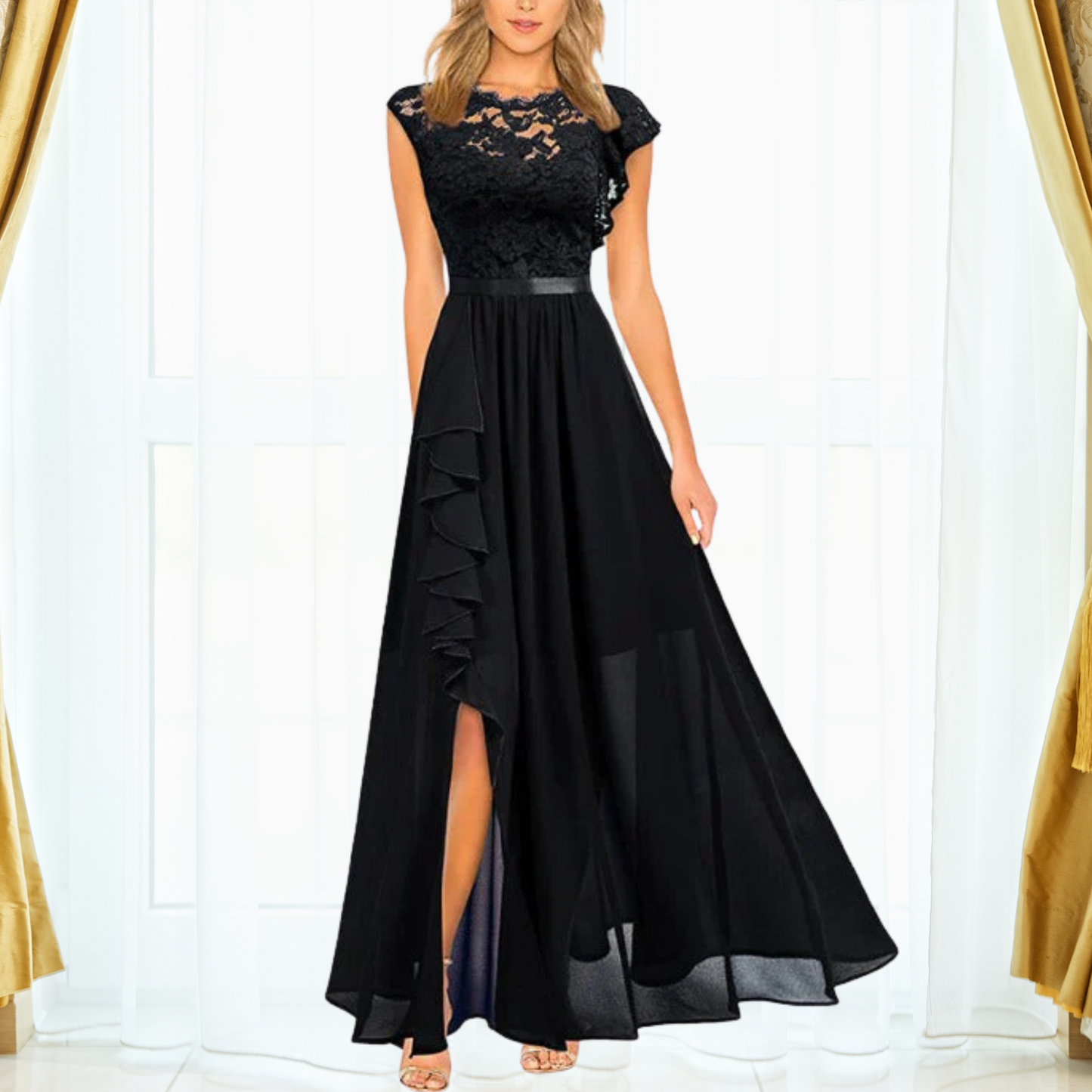Trinity | Women's Lace Chiffon Maxi Dress Ruffle Split Occasion