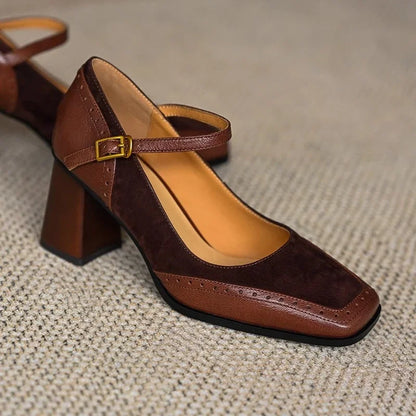 Ellie | Women's Square Toe Block Heel Pumps Ankle Strap Brogue